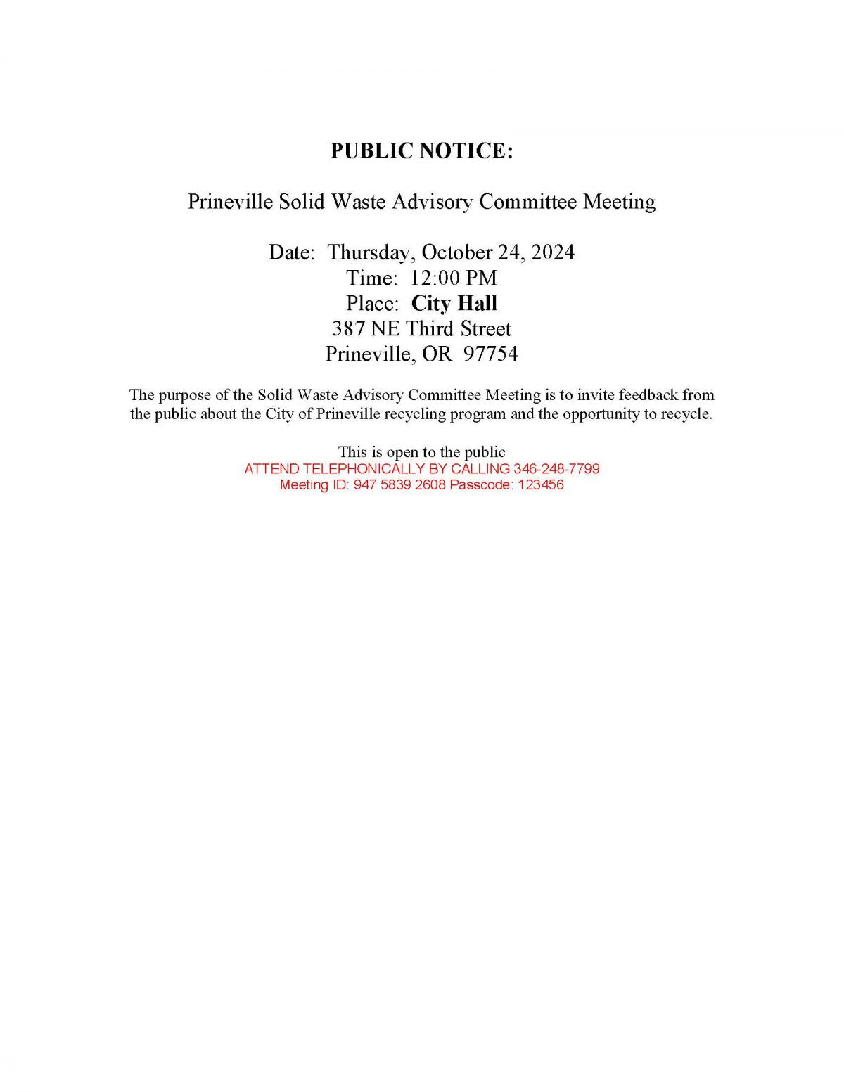 Public Notice - SWAC Meeting Regarding Recycling 