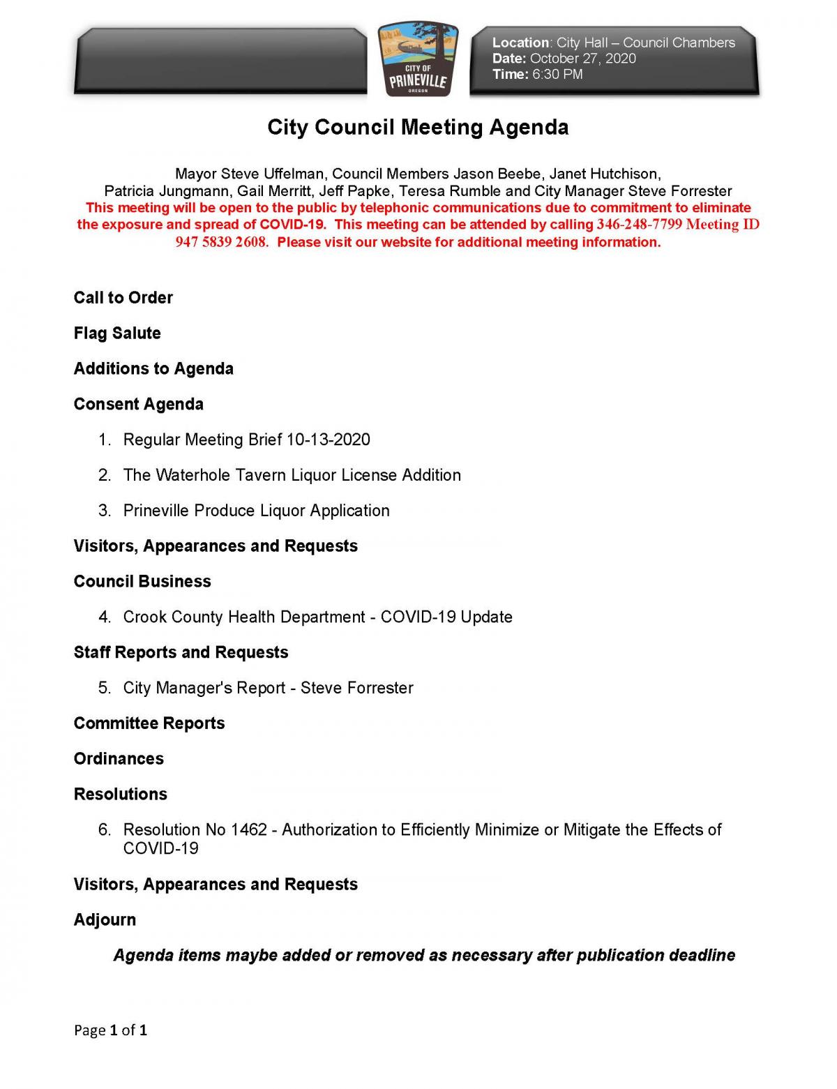 Council Meeting Agenda 10-27-2020