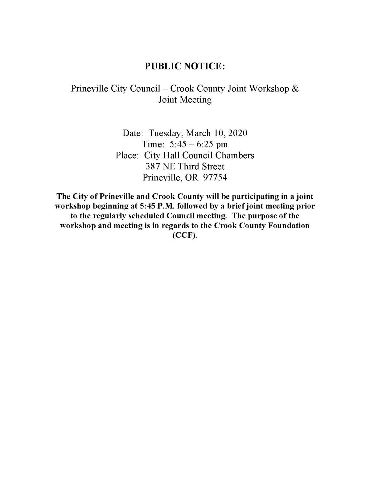 Public Notice - City / County Joint Workshop & Meeting 3-10-2020