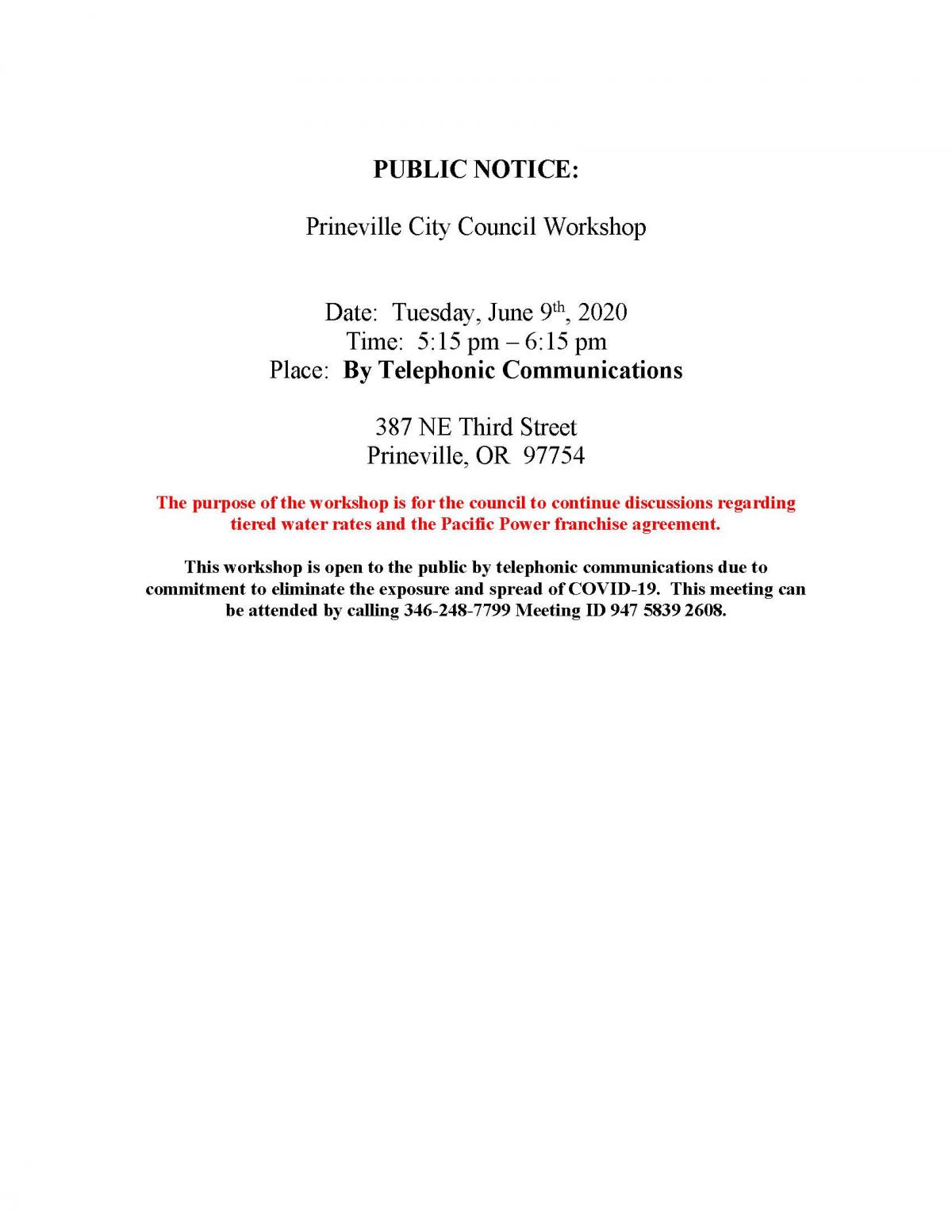 Public notice - Council Workshop 6-9-2020