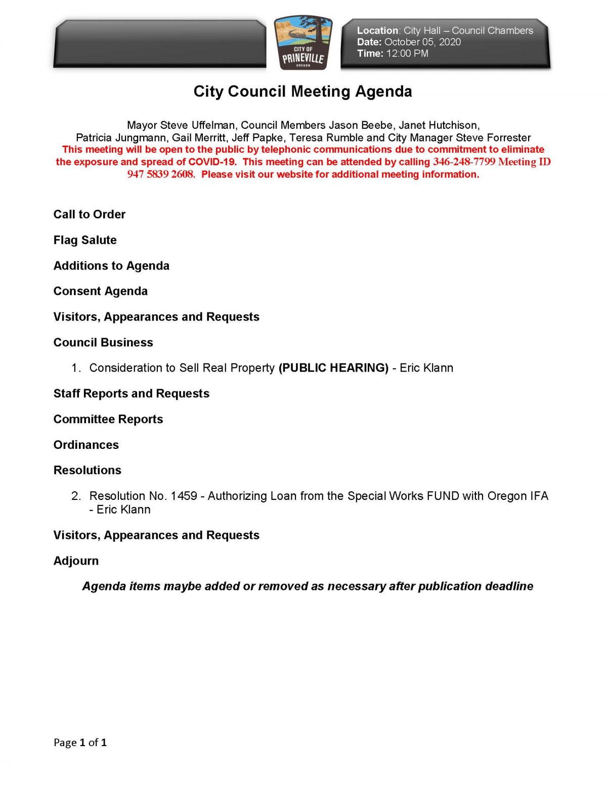 Council Agenda 10-5-2020
