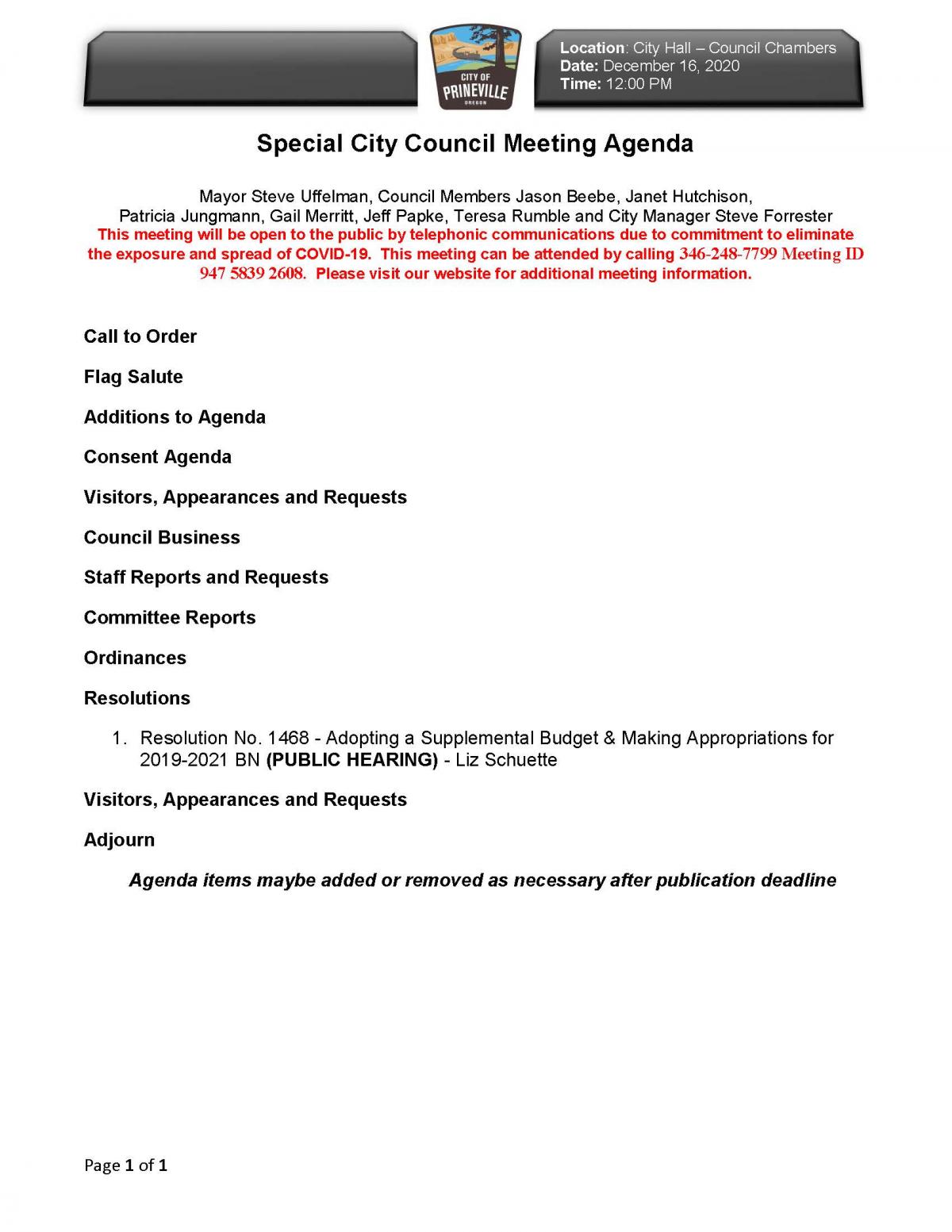 Special Council Meeting Agenda 12-16-2020