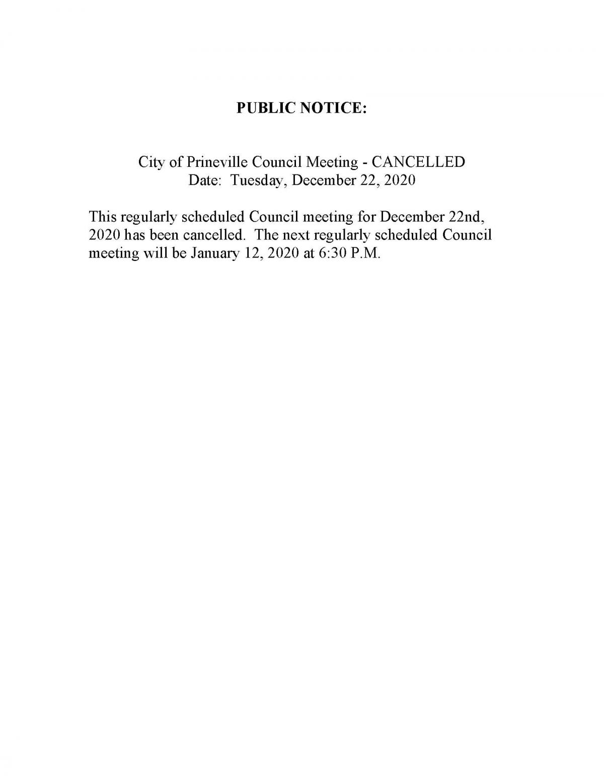 Public Notice - Cancelled - Council Meeting 12-22-2020