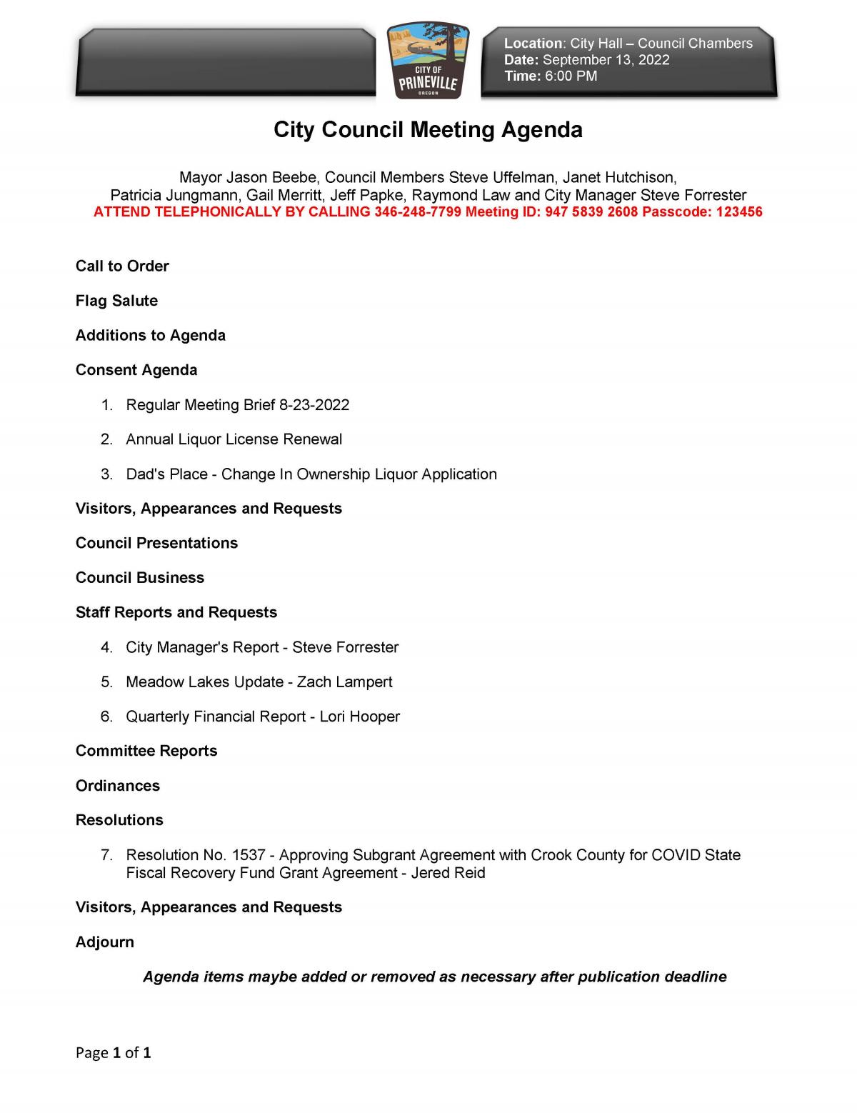 Council Agenda 9-13-2022