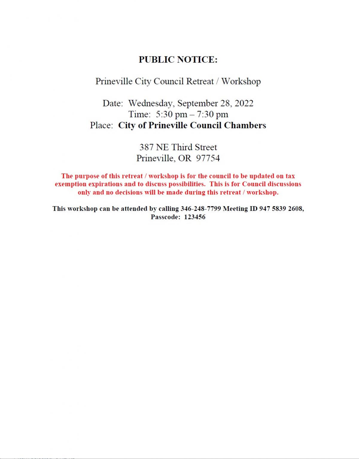 Public Notice - Council Retreat - Workshop 9-28-2022