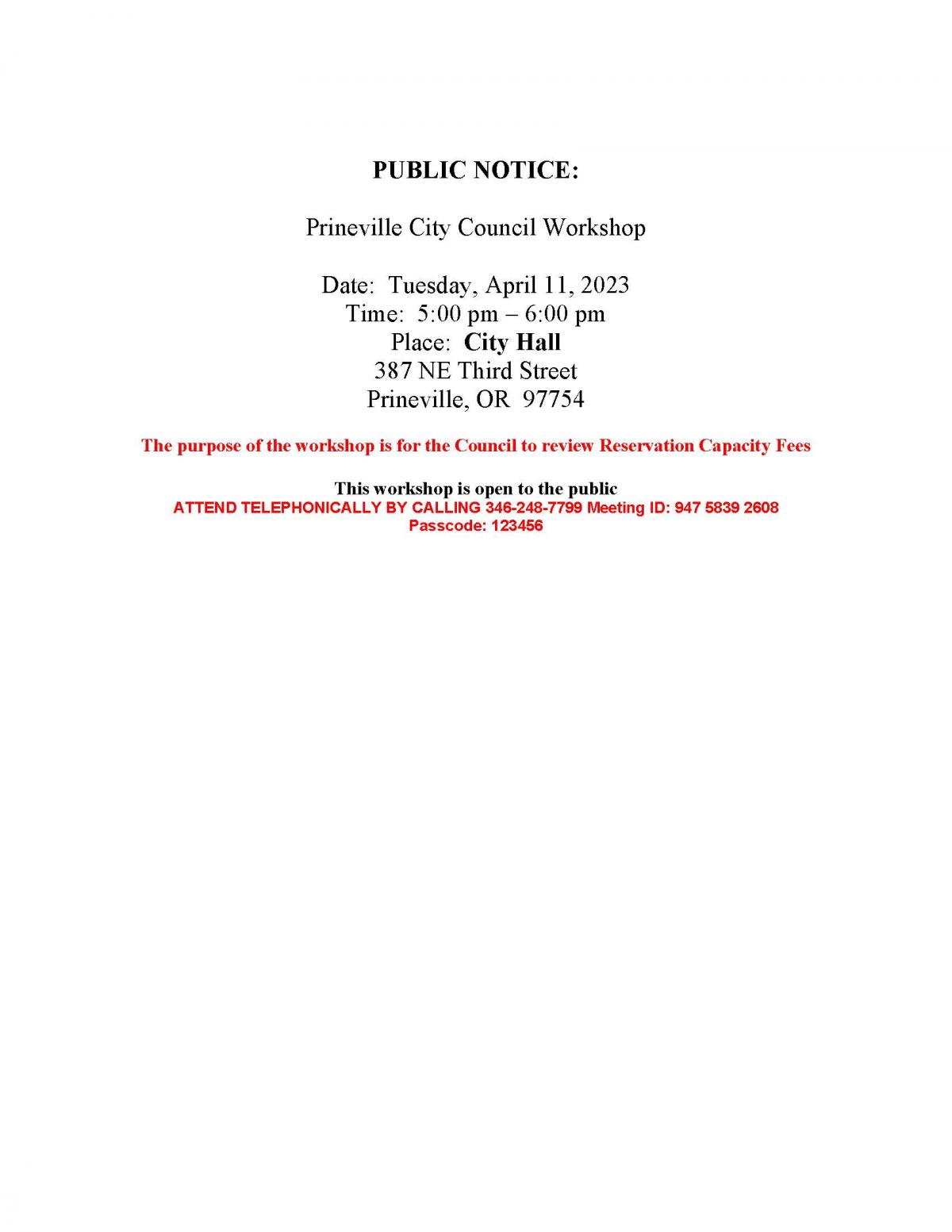Public Notice - Council Workshop 4-11-2023