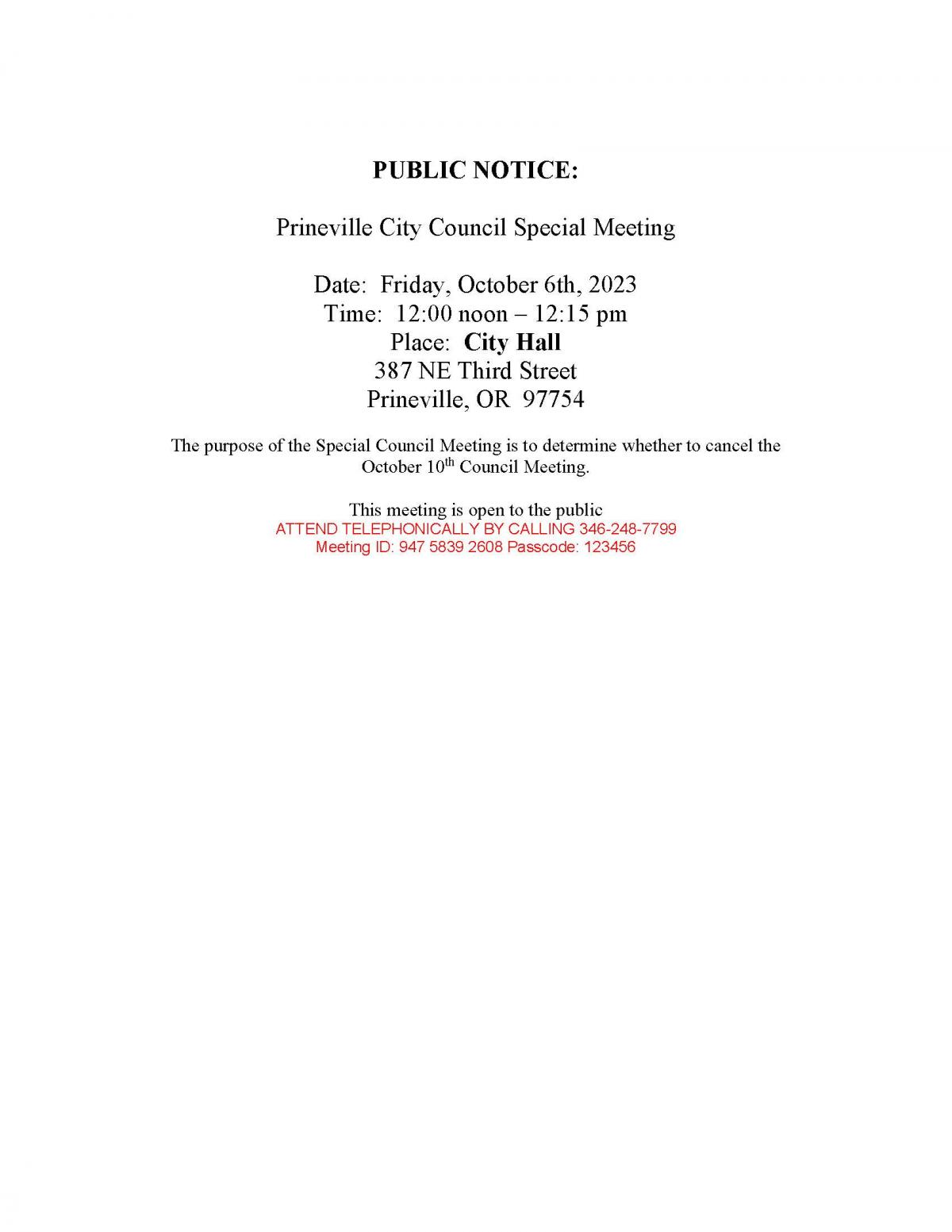 Public Notice - Special Council Meeting 10-6-2023