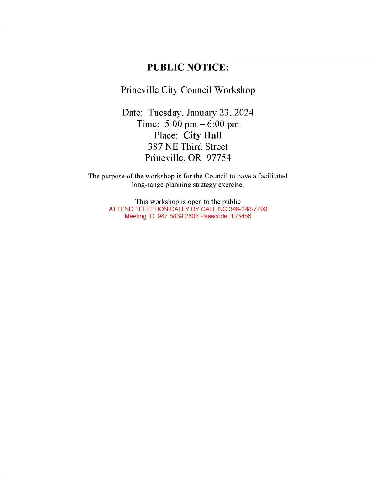 Public Notice - Council Workshop 1-23-2024