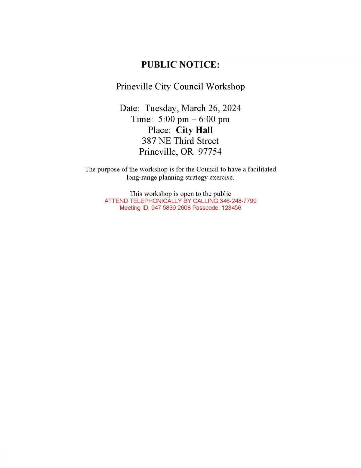 Public Notice - Council Workshop 3-26-2024