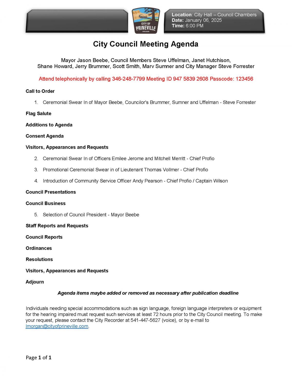 Special Council Meeting Agenda 1-6-2025