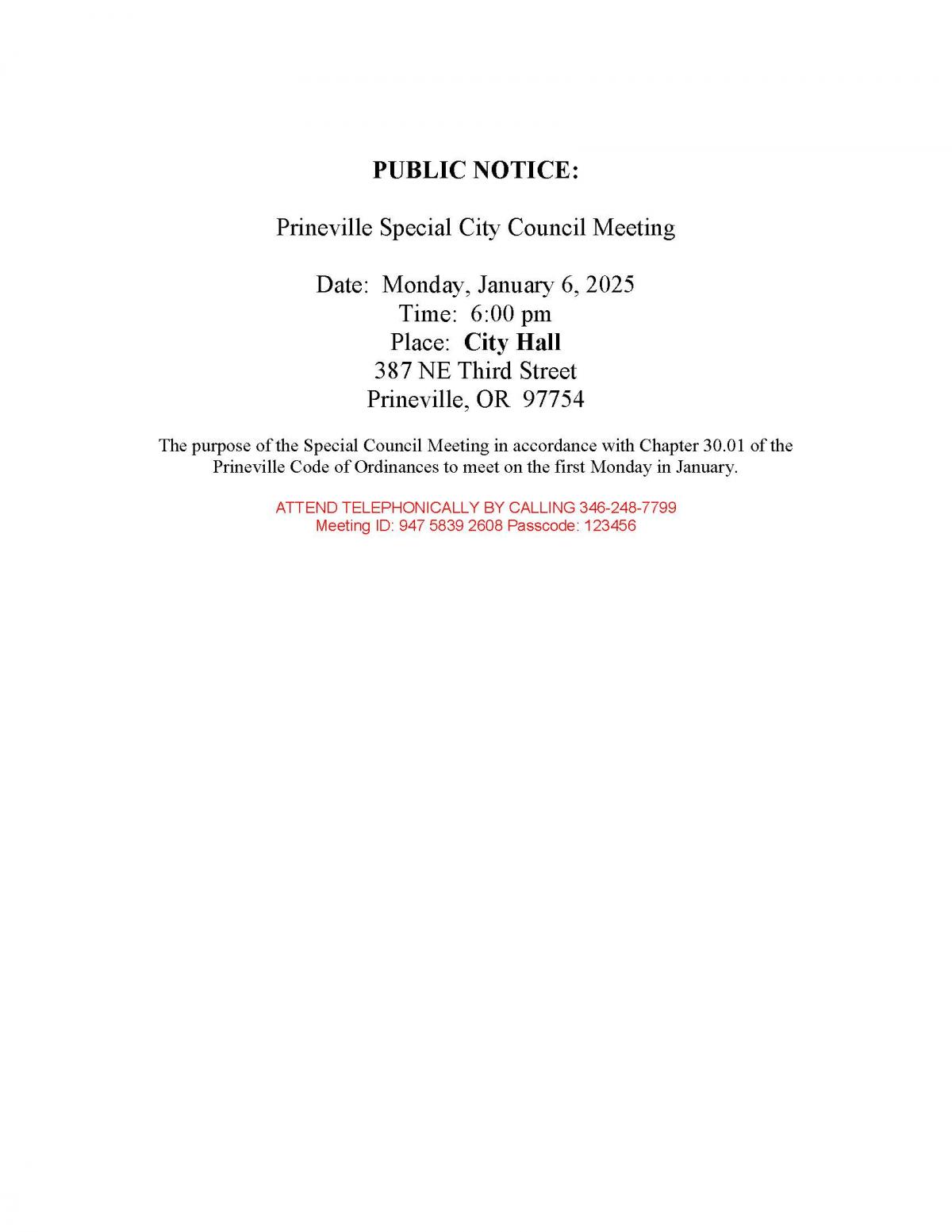 Public Notice - Special Council Meeting