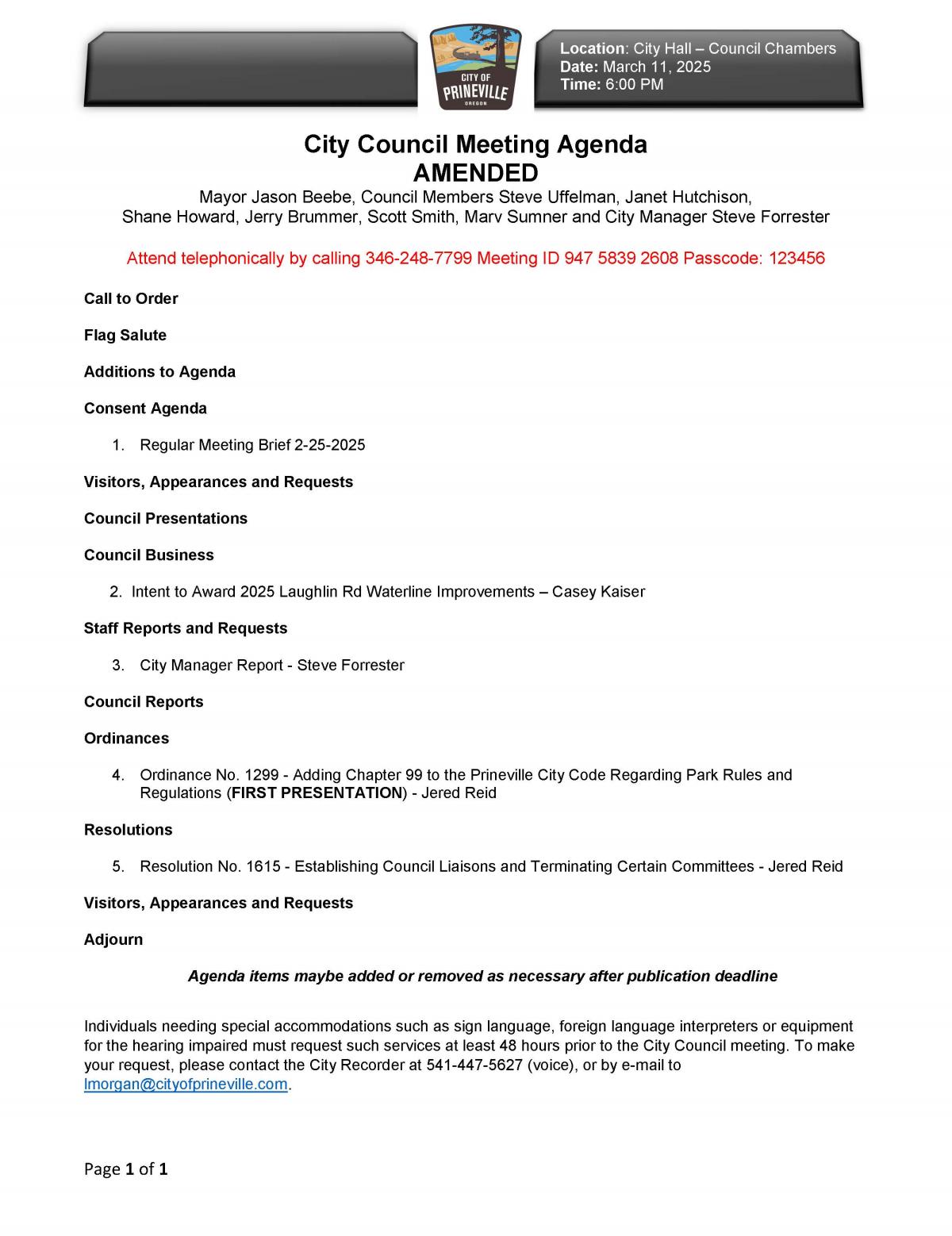 Council Agenda Amended