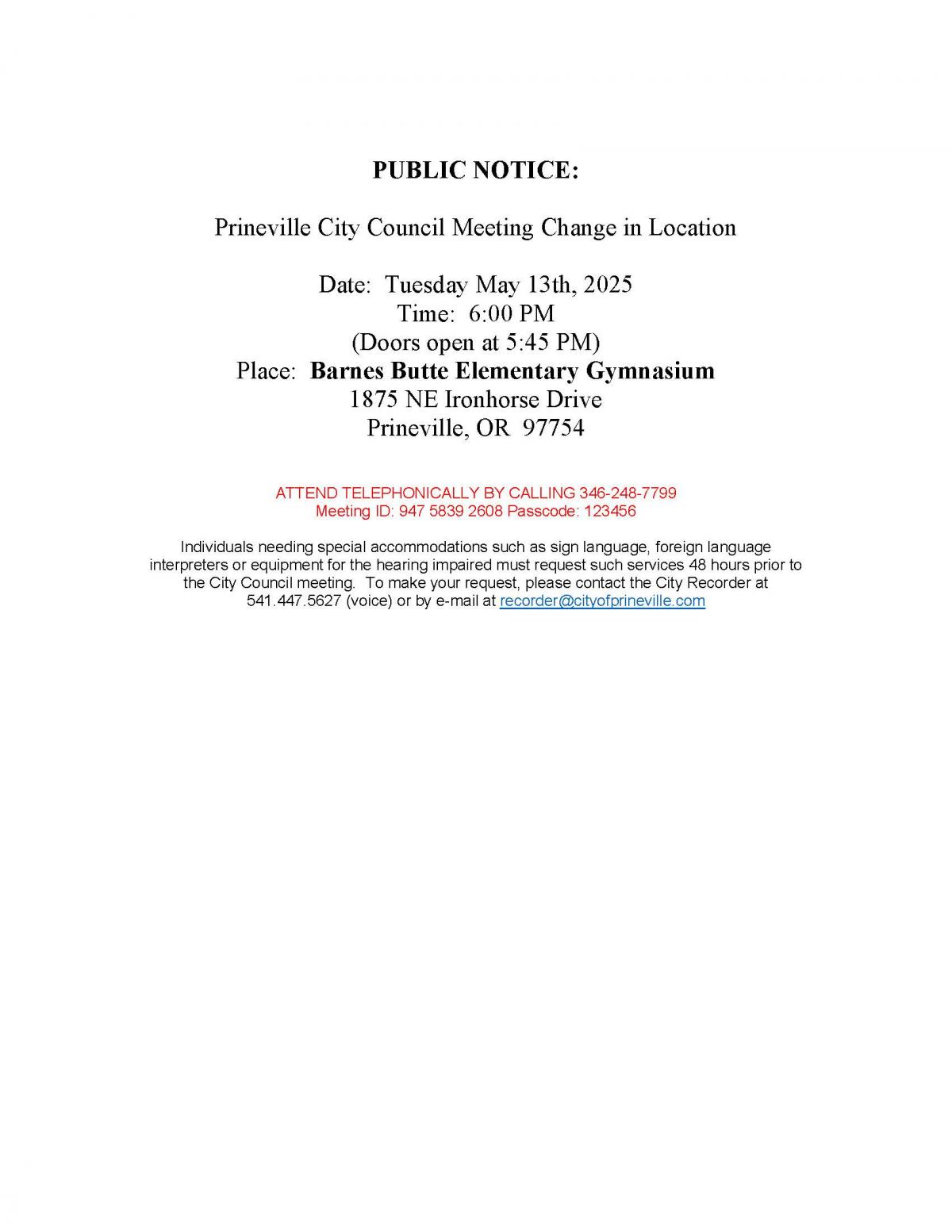 Public Notice - City Council Meeting Change in Location