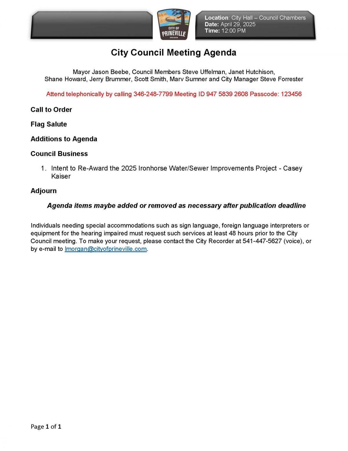 Special Council Meeting Agenda 4-29-2025