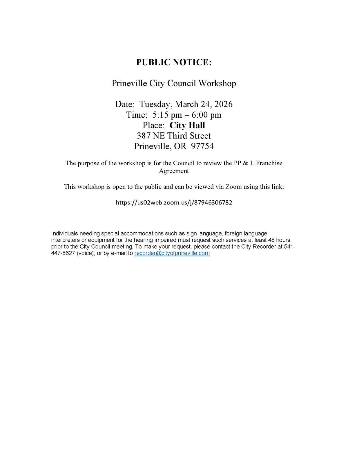 Public Notice - Council Workshop