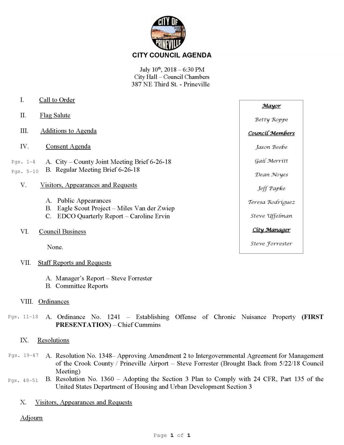 Council Agenda 7-10-18